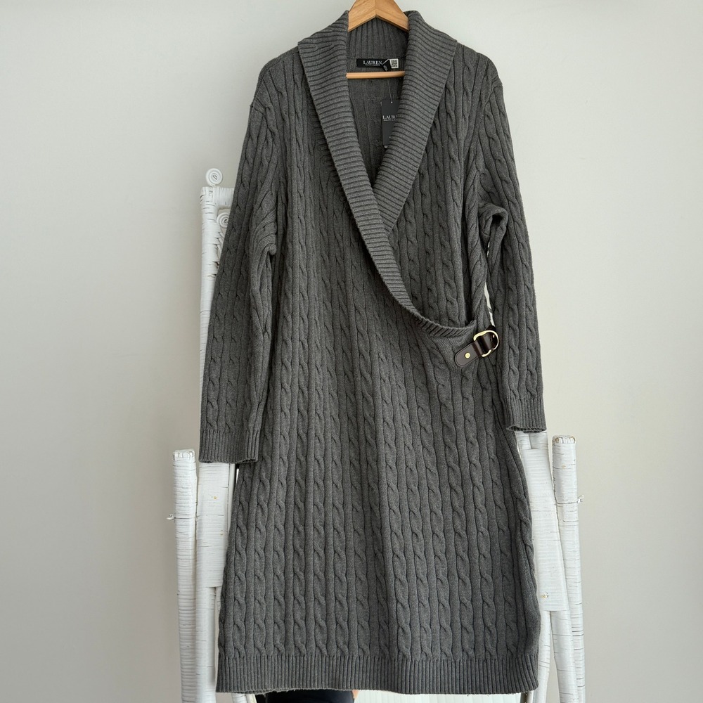 Lauren Ralph Lauren Sweater Dress 3X Grey Cable Knit Cotton Buckle Quiet Luxury